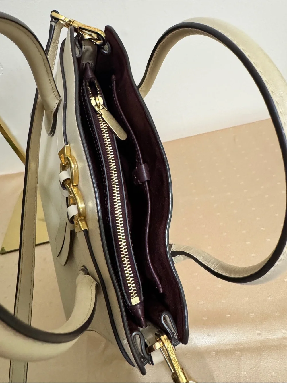 Kate Spade Cream Leather Top-Handle Satchel Bag with crossbody shoulder strap